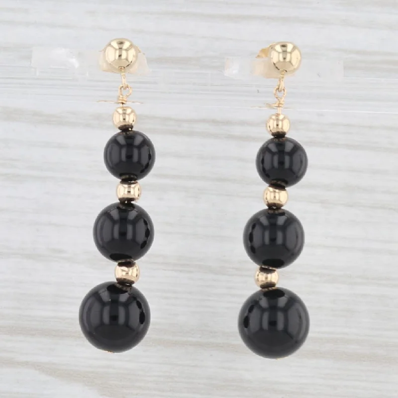 women's earrings with cubic zirconia stones -Onyx Bead Dangle Earrings 14k Yellow Gold Pierced 3-Stone Drops