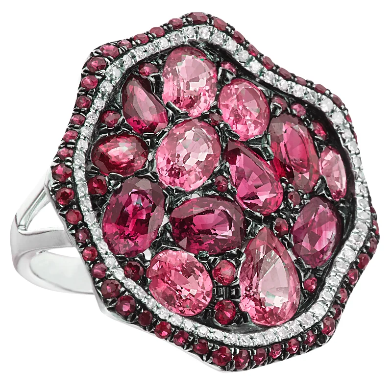 women's engagement rings with custom design -Ruby, Pink Sapphire, & Diamond Freeform Style Circular Ring 14K White Gold