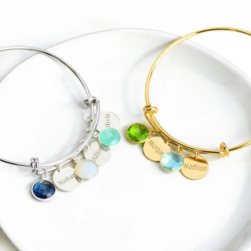 women's bracelets with bold design -Mother's Birthstone Bangle Bracelet with Round Gemstones and Small Name Discs