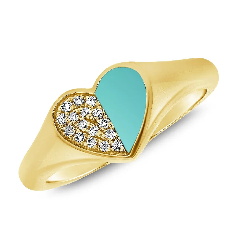 women's engagement rings with unique band -Vibrant Heart Pinky Ring with Turquoise and Diamonds in 14K Gold