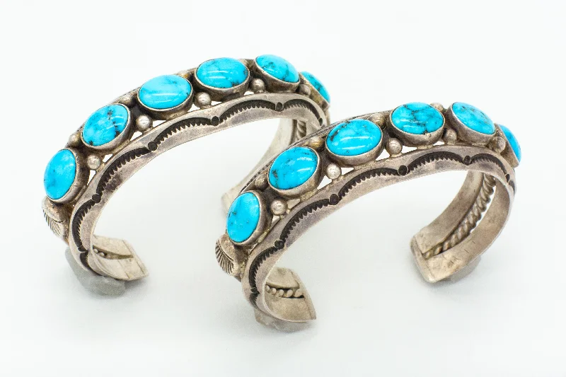 women's bracelets with modern look -Fred Thompson Navajo Handmade Sterling Silver Turquoise Matching Cuff Bracelets Set