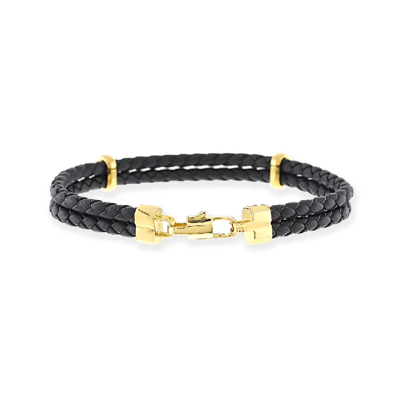 women's bracelets with teardrop design -Men's Double Braided Leather Bracelet, Black