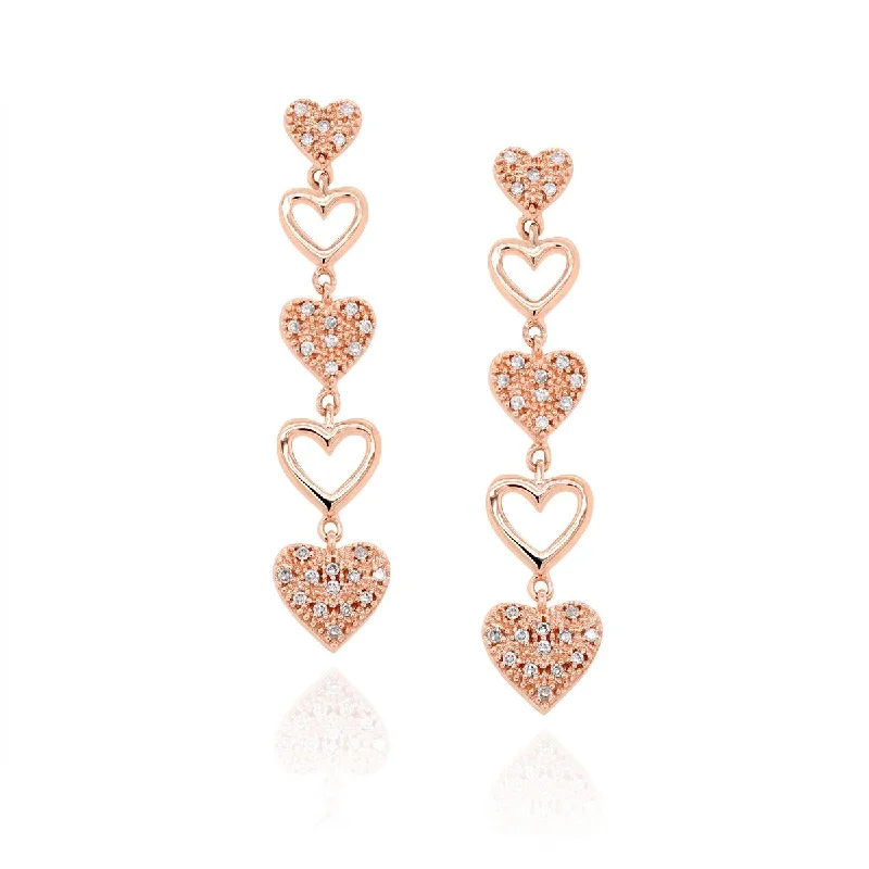 women's earrings with layered design -ROSE GOLD AND DIAMOND HEART SHAPED DANGLE EARRINGS