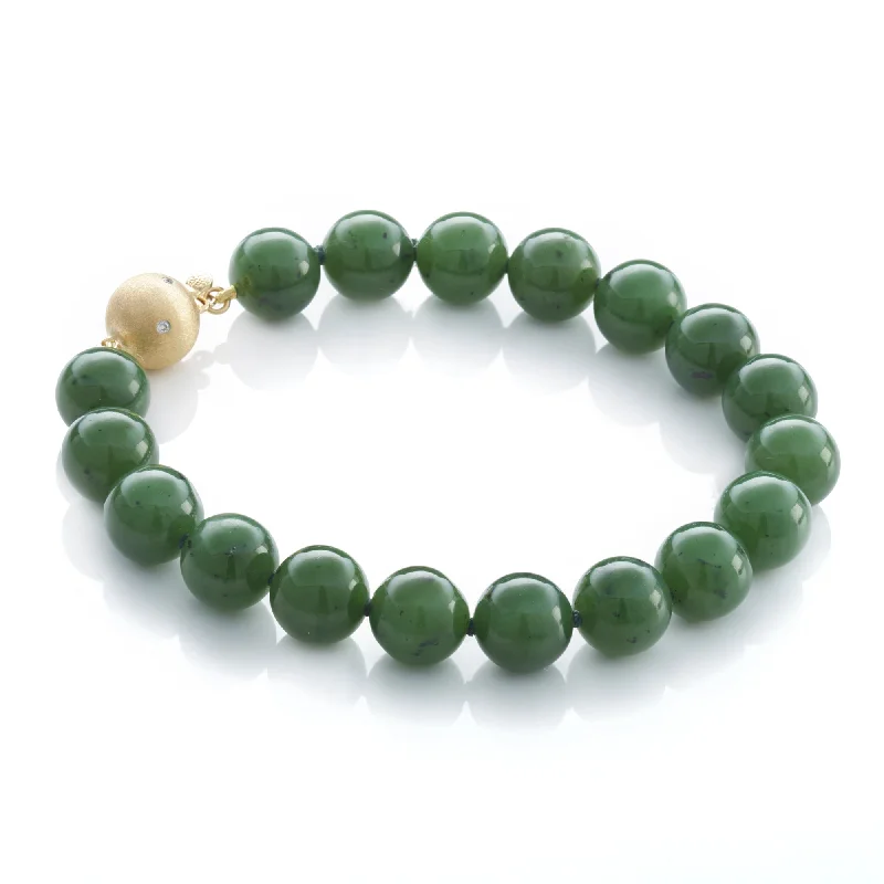 women's bracelets with pearls -10MM Green Nephrite Jade & Gold Bracelet