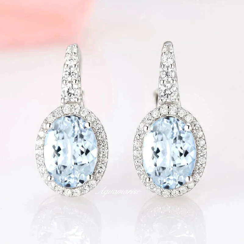 women's earrings with pearl drop -Oval Aquamarine Dangle Earrings- 925 Sterling Silver