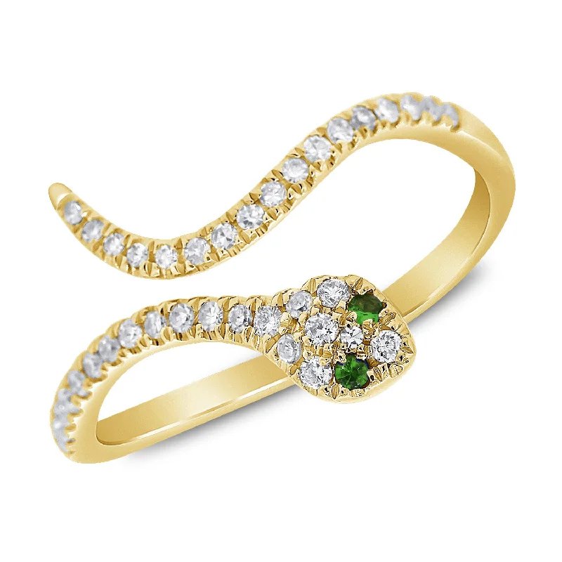 women's engagement rings with bold diamond -Captivating Snake Ring with Diamonds and Green Tsavorite in 14K Gold