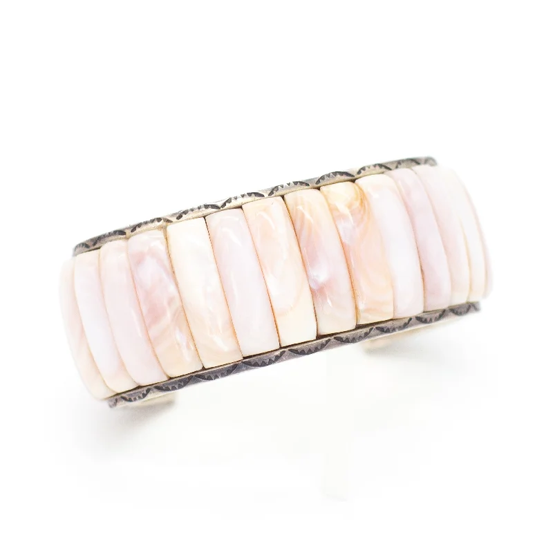 women's bracelets with mixed metals -Carlos Aguilar Eagle (Ottawa) Handmade Sterling Silver Pink Mother of Pearl Cuff Bracelet